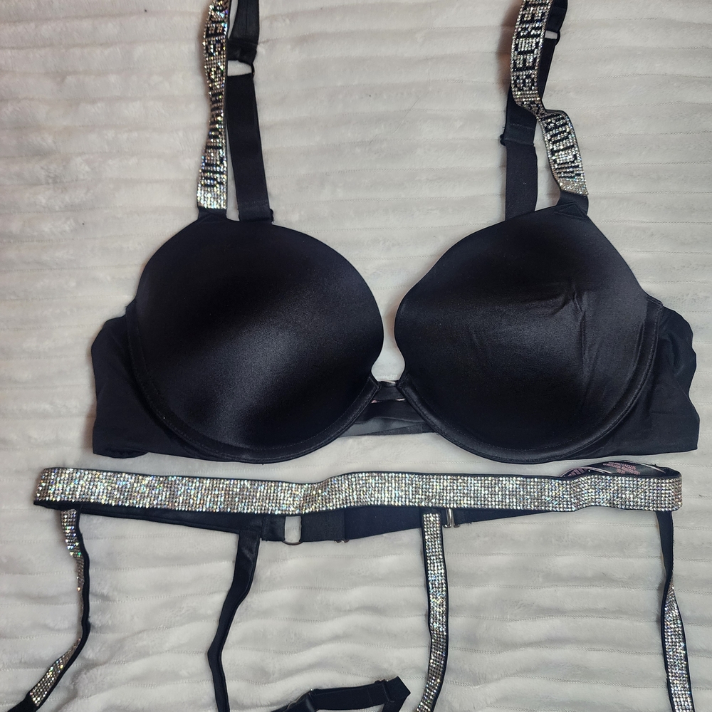 NWOT Victoria's Secret Logo Shine Push Up Bra And Garter Set